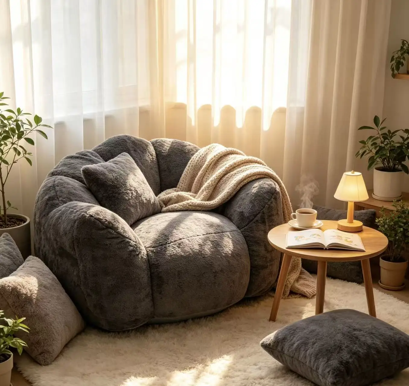 Large Petal Cloud Lounge Chair, Artificial Rabbit Velvet Lazy Sofa, Cozy Wrap-Arm Single Seat for Bedroom, Living Room & Gaming view 4