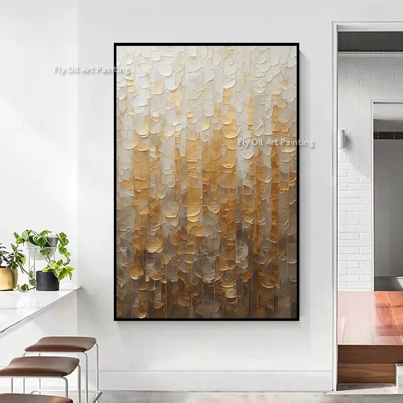 Original Hand Painted Gradient Gold White Canvas Art, Layered Petal Sculpture Texture Contemporary Luxury Wall Hanging