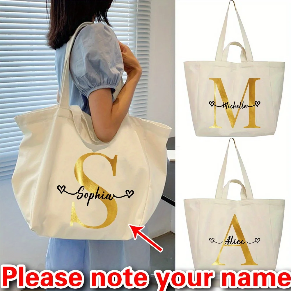

Personalized Customized Gold Letter Handbag Shoulder Bag Women's Handbag Large Capacity Shopping Bag Travel Storage Bag