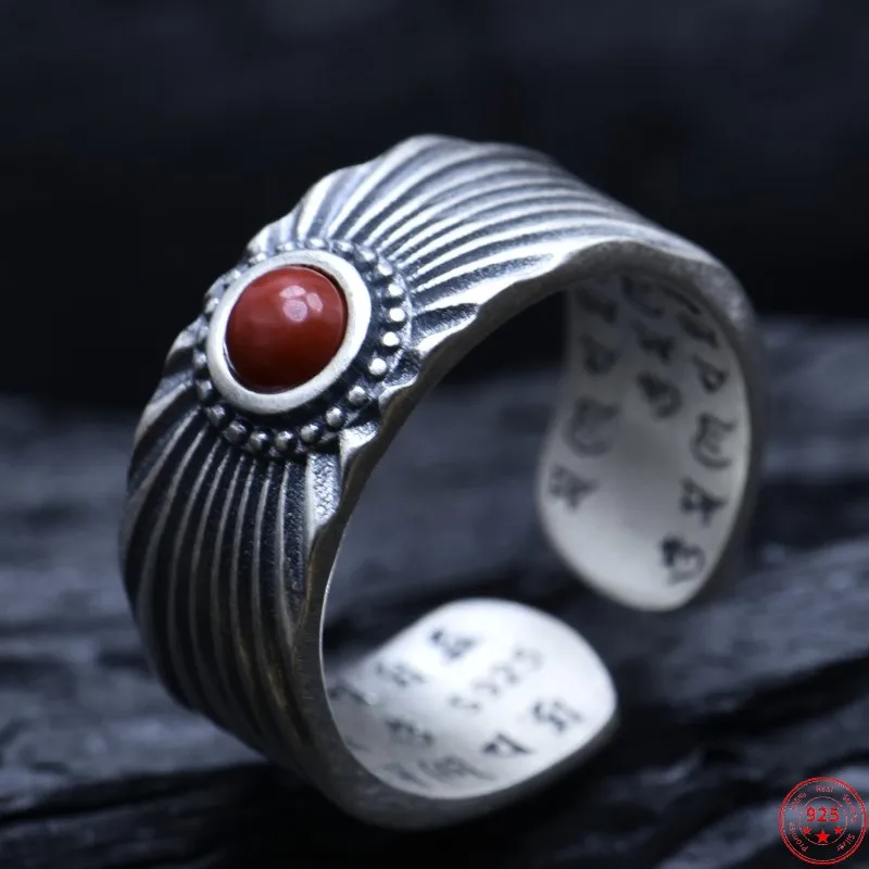 S925 Sterling Silver Rings for Women Men New Women's Fashion Six Syllable Mantra Solar Ray Agate Pure Argentum Punk Jewelry