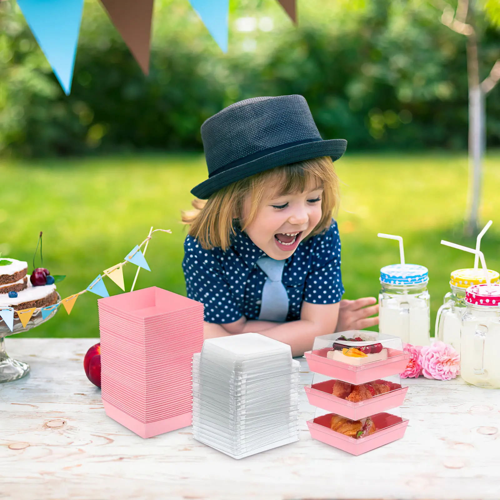 50Pcs Cake Slice Boxes Square Plastic Containers with Lids Stackable Dessert Pastry Boxes for Bakery Supplies Events