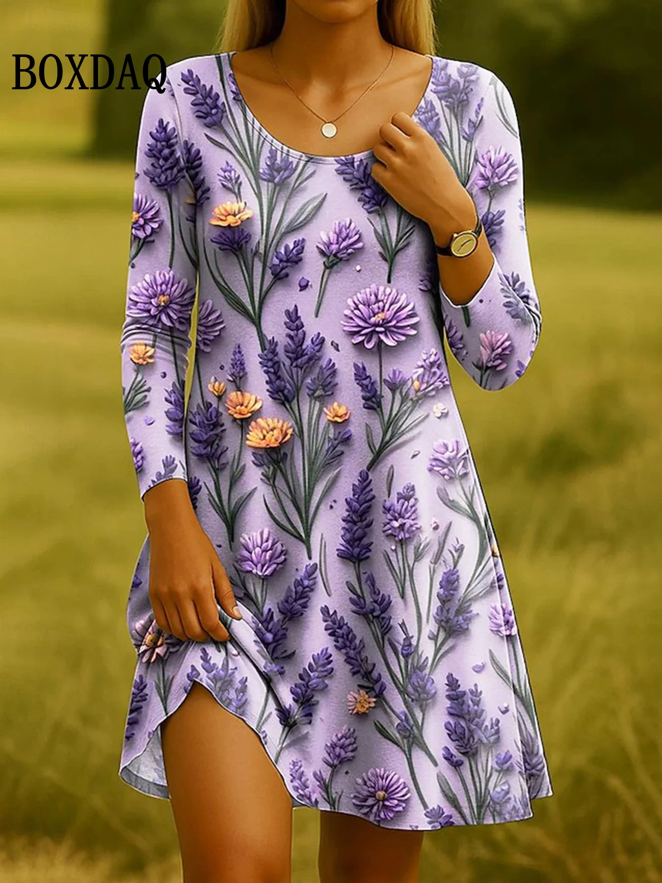 エレガントなレディースミニドレス、ファッションタイダイ、Oネック、長袖、プリントドレス、カジュアルAラインTシャツドレス、秋冬服2025