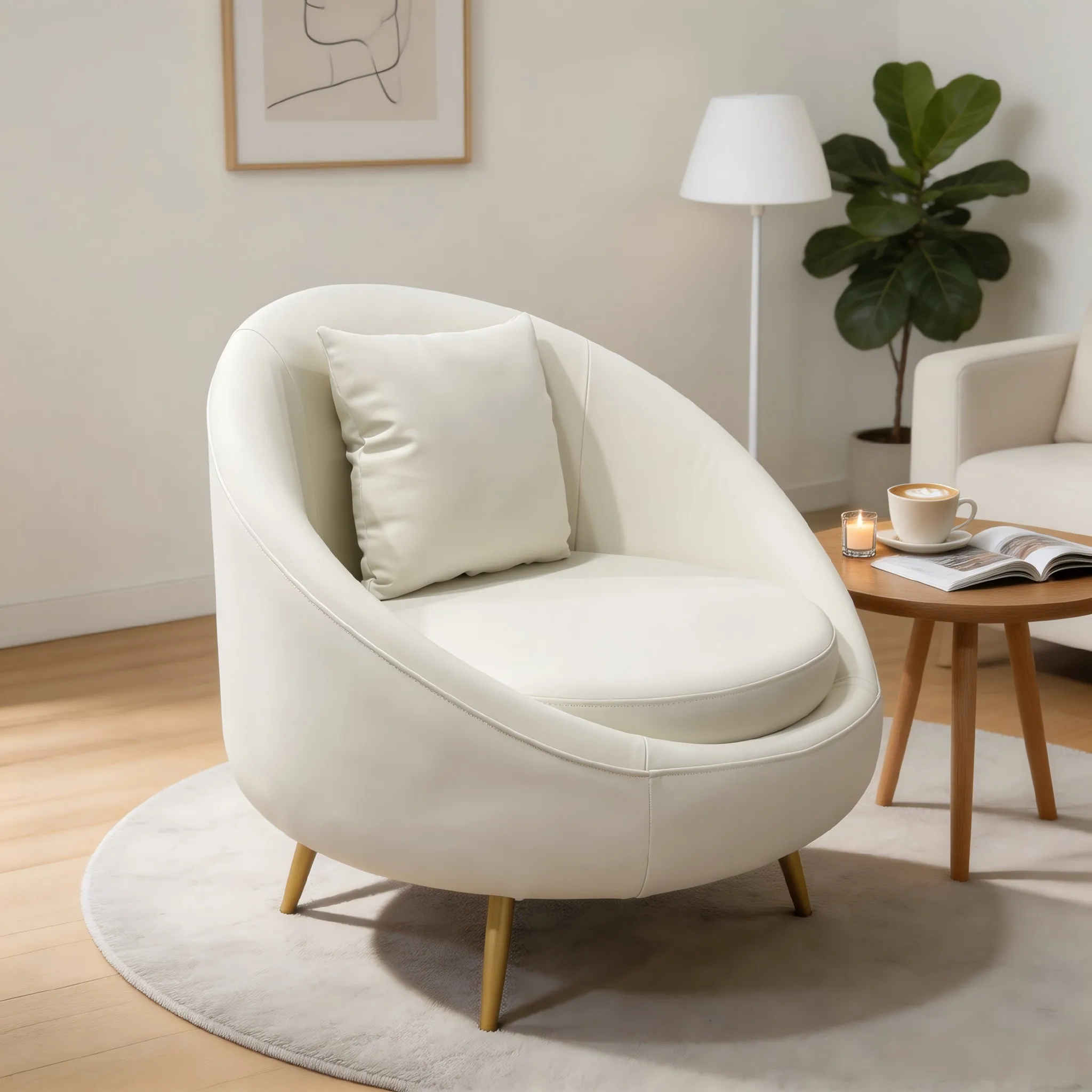 

Cream White Barrel Accent Chair with Pillow Gold Legs Modern Upholstered Single Sofa Chair for Living Room Bedroom Salon