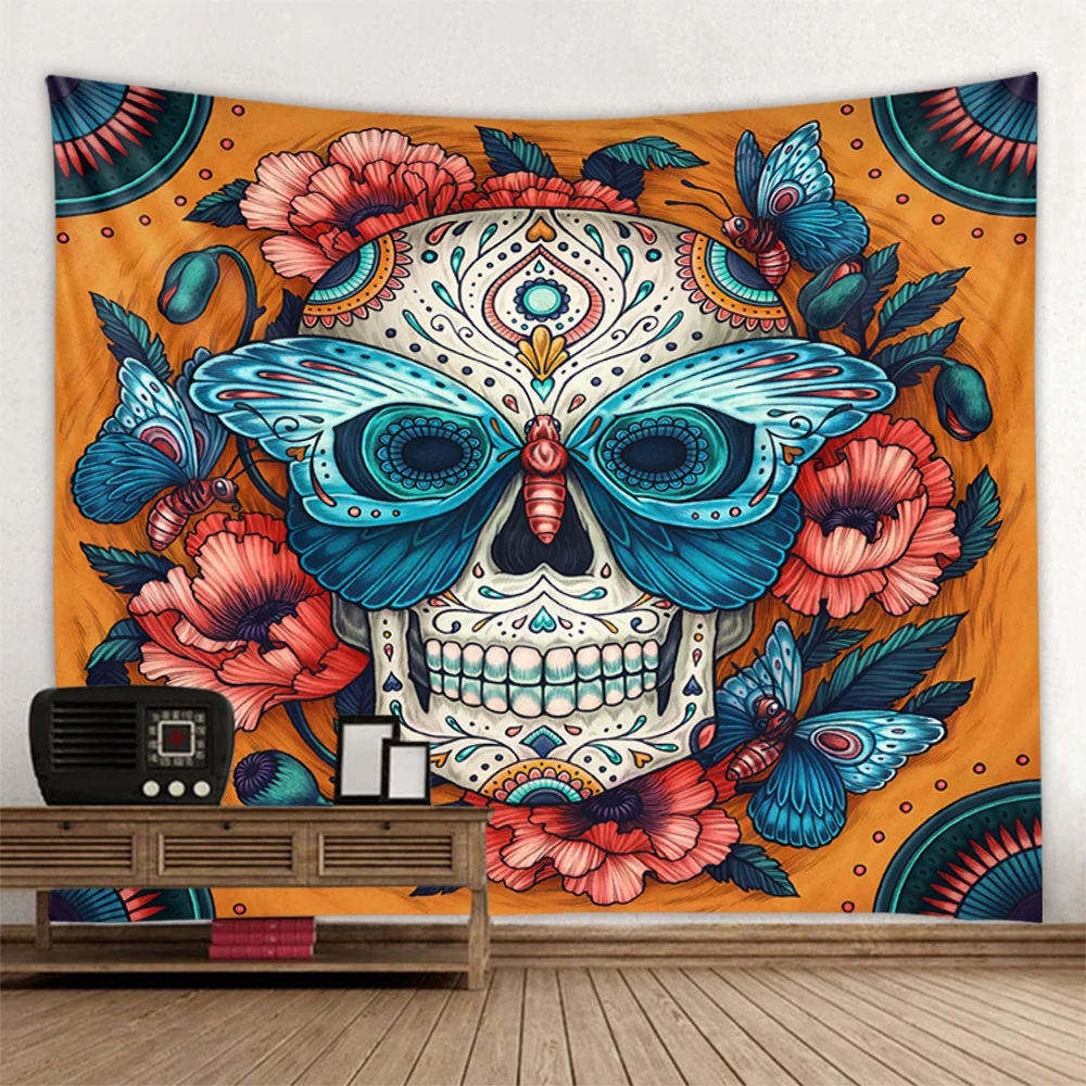 

Magic retro plant flower tapestry psychedelic skeleton wall hanging butterfly mandala Hippie aesthetic room art decoration