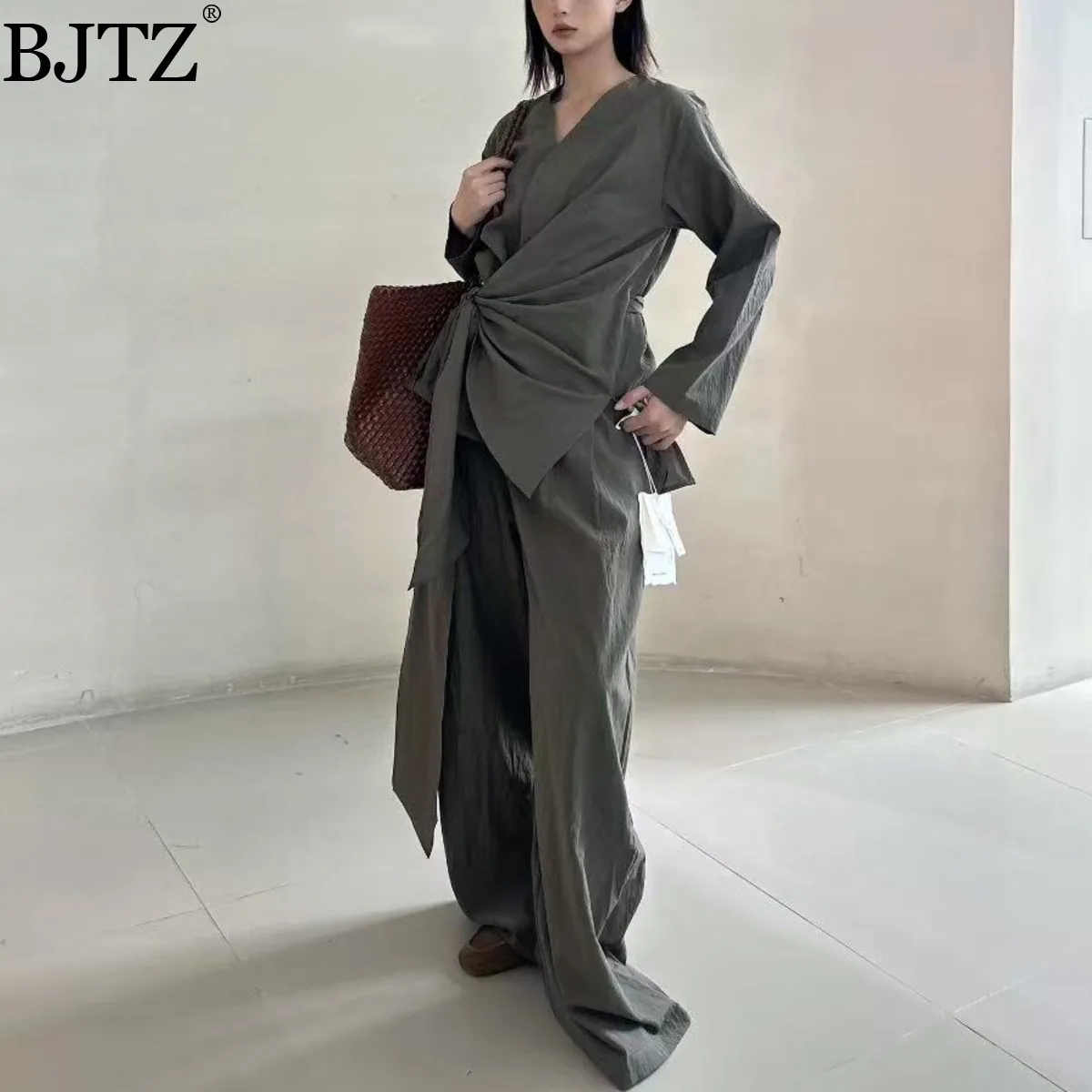 

BJTZ женская рубашка с v-образным вырезом и завязкой на талии и широкие брюки, комплект, повседневный элегантный домашний костюм, комплект из двух предметов для похудения, удобная мода