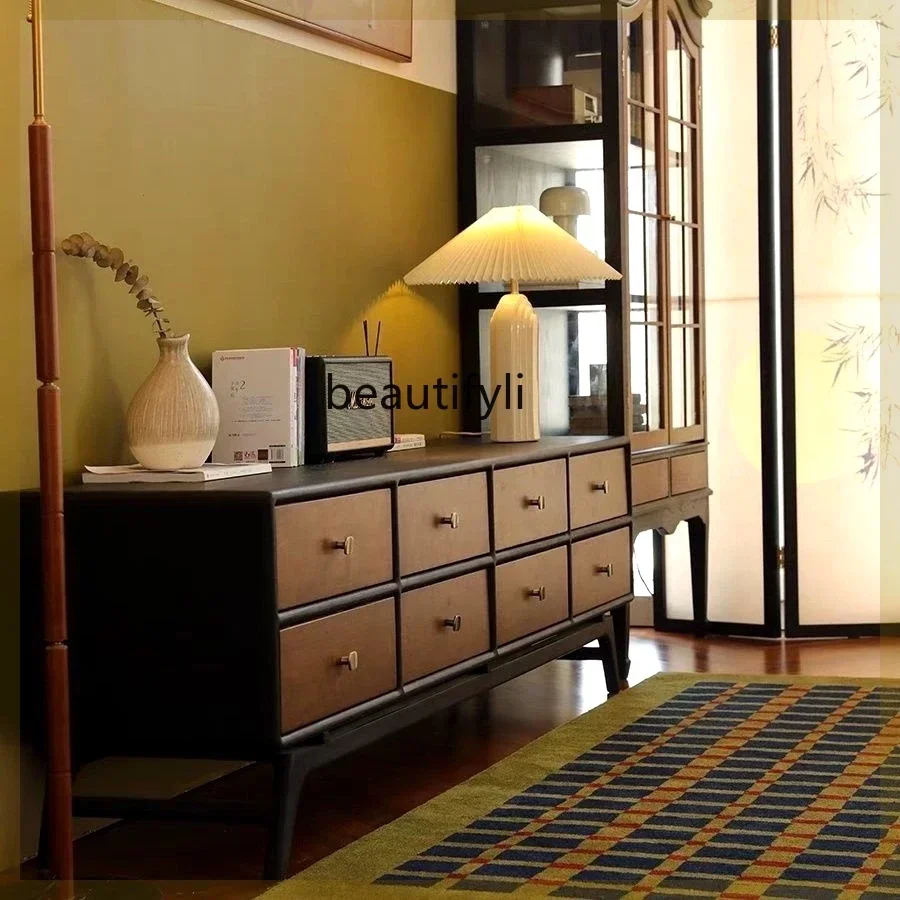 

xzMedieval French retro solid wood TV cabinet household locker contrasting color drawer audio-visual cabinet