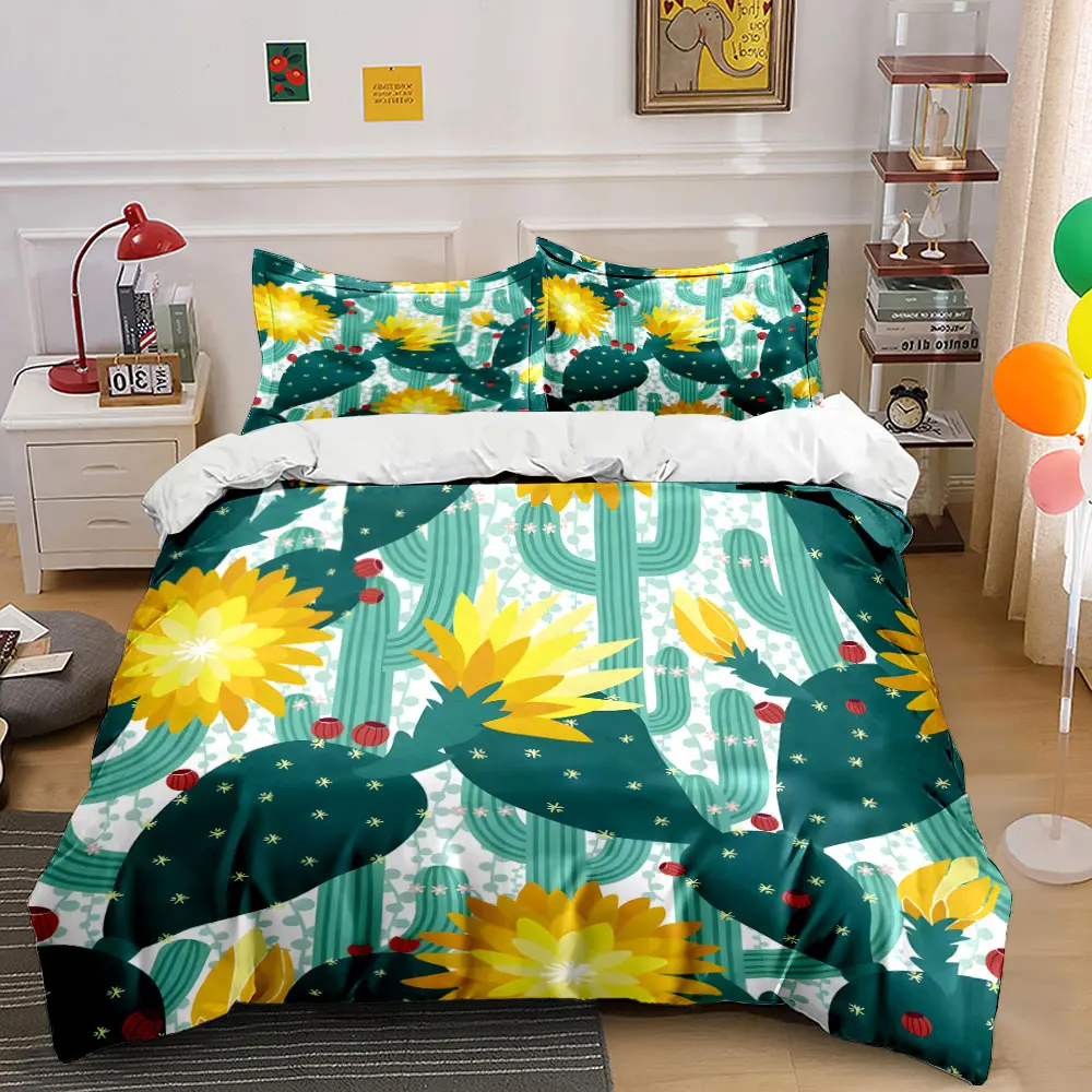 Colorful cactus with yellow blossoms pattern Print Bedding set 3PC 1 duvet cover 2 pillowcases adult and children bedding set