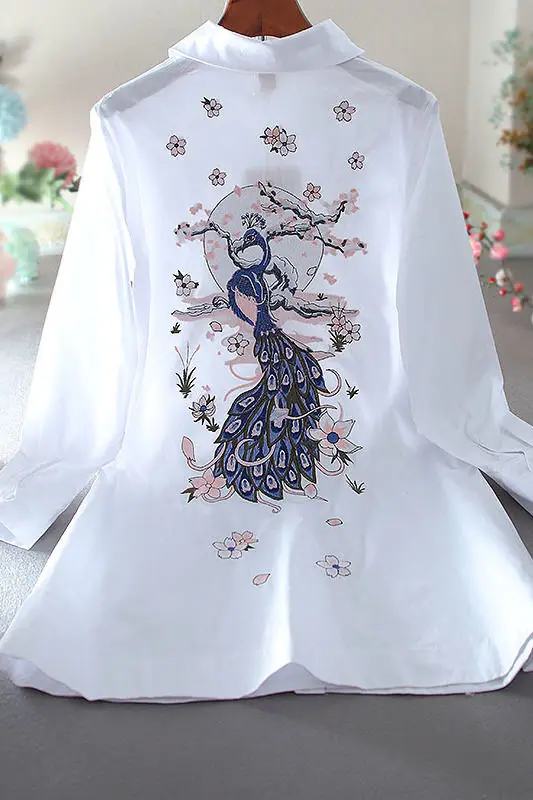 

Ethnic style vintage Chinese trend embroidered flowers mid-length long-sleeved slim-fitting loose casual shirt women's topYY116