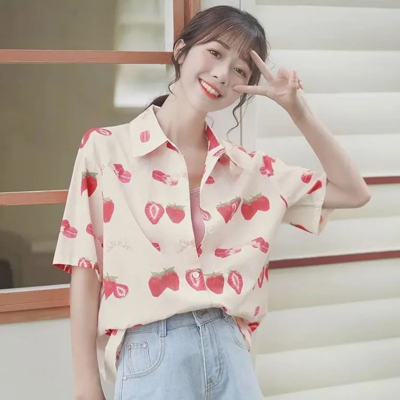 Summer Sweet Girl Pink Strawberry Full Print Blouse Graphic Button Up Shirt Kawaii Clothes Japan Korean Fashion Short Sleeve Top