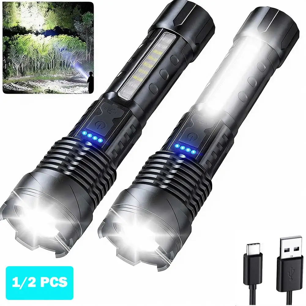 1/2X Super Bright COB LED Flashlight USB Rechargeable Zoomable With Side Light Waterproof Torch Camping Hiking Emergency Outdoor