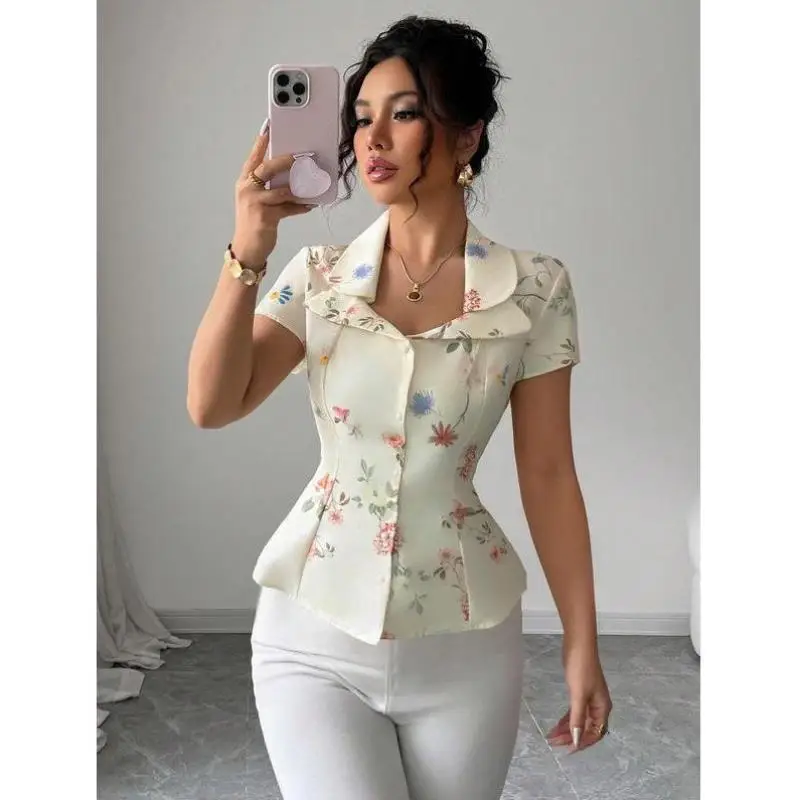 

Casual Floral Print irt Collar Women's New Sle ort Sve Autumn Season Seven-Bit Sve Length Sportswear Set