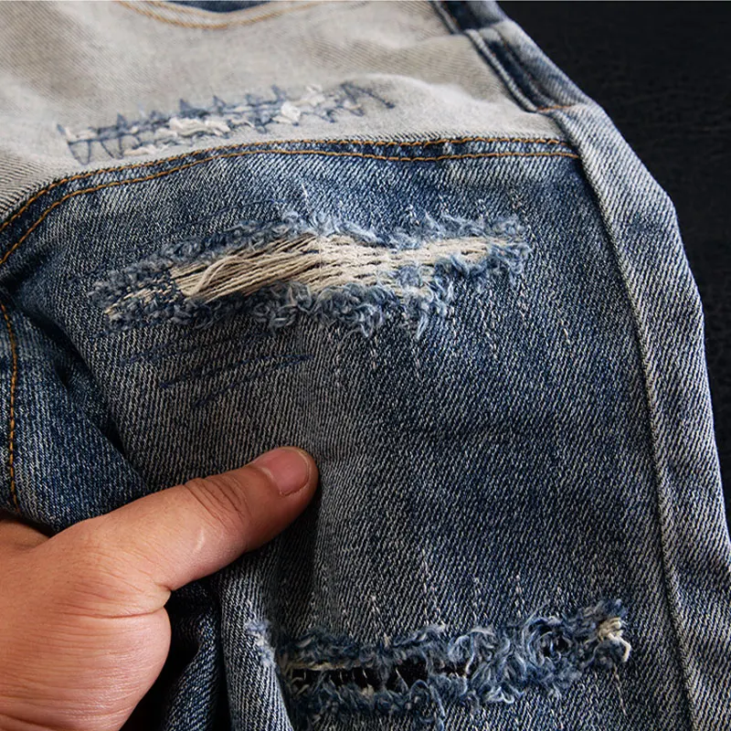 Fashion Streetwear Men Jeans Retro Washed Blue Stretch Slim Fit Ripped Jeans Men Patched Designer Hip Hop Denim Pants Hombre
