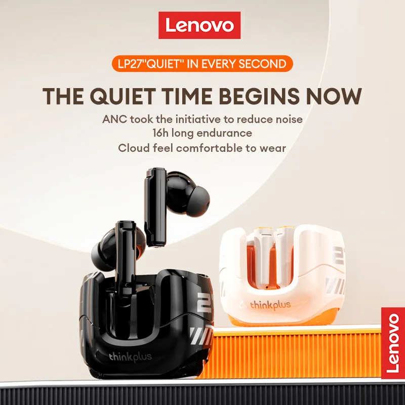 Choice Lenovo LP27 Wireless Bluetooth 5.4 Earbuds HIFI Stereo Sound Low Latency Headset Noise Reduction Sport Gaming Earphones
