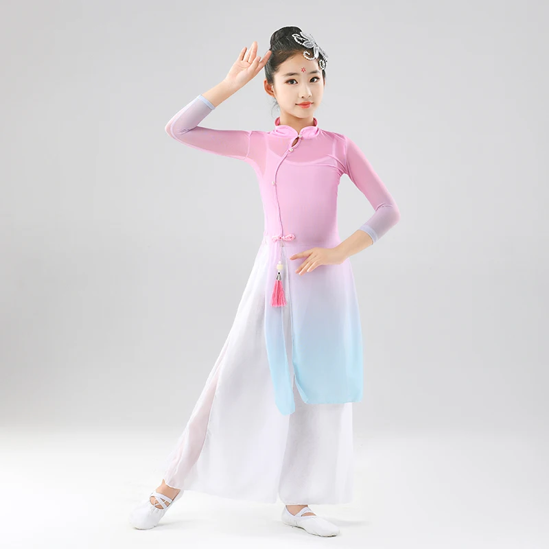 Qipao de baile clásico para niña, ropa de gasa con encanto para el cuerpo, Ropa de baile con paraguas para fanáticos, ropa de actuación China