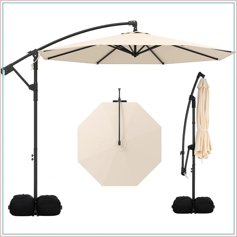 10ft Offset Cantilever Patio Umbrella with Base, 360° Rotation, Crank Lift, UV-Protective Canopy, Beige