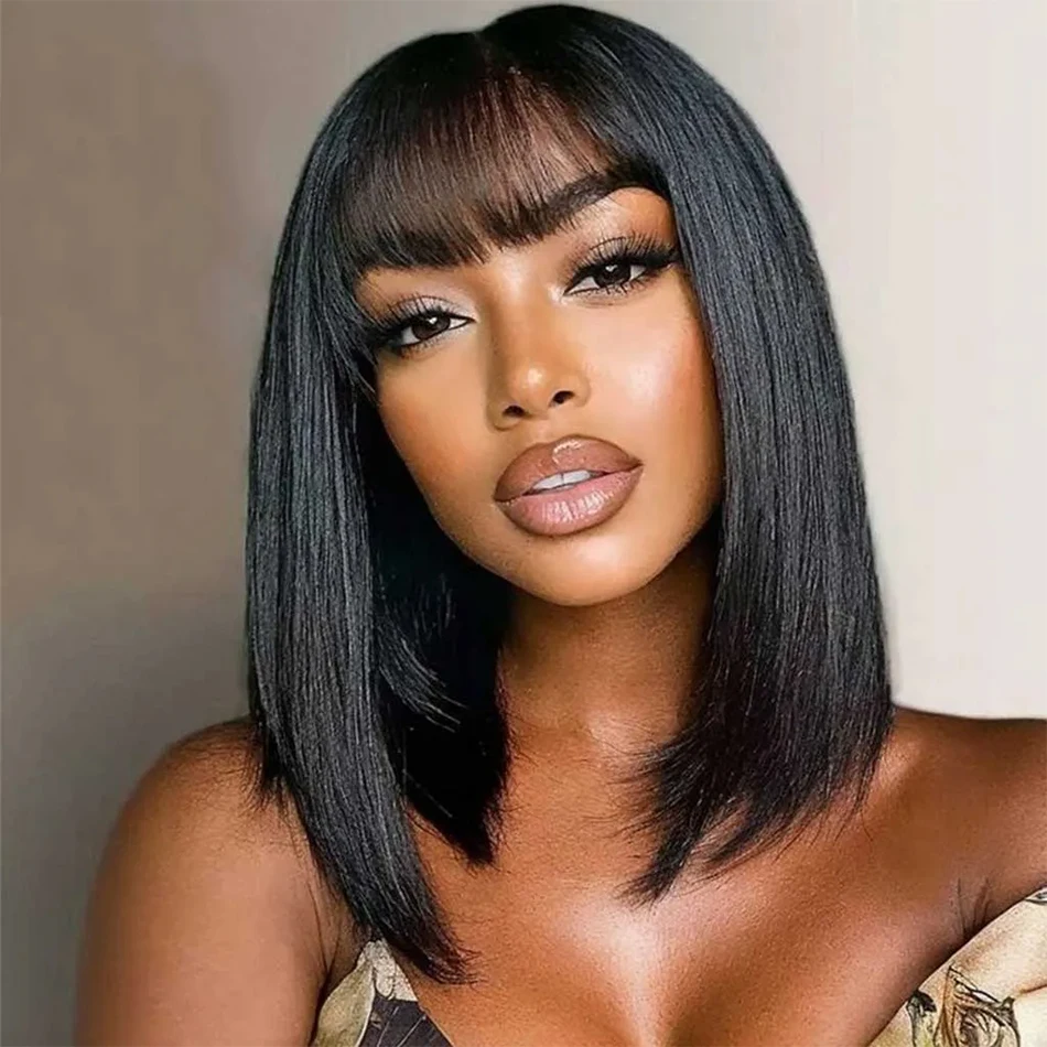 

Short Bob Human Hair Wigs with Bangs None Lace Front Wigs Brazilian Straight Hair Machine Made Bob Wig for Women Natural Color