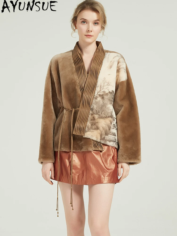 AYUNSUE Natural Sheepskin Fur Coat Women Winter Clothes Lamb Wool Genuine Leather Jacket Woman New in Coats 2025 Ink Printed
