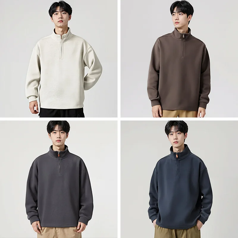【Mirrordust】Men300gCotton Fleece نصف البريدي عالية الرقبة البلوز الخريف الشتاء سترة دافئة جديدة طويلة الأكمام تنوعا