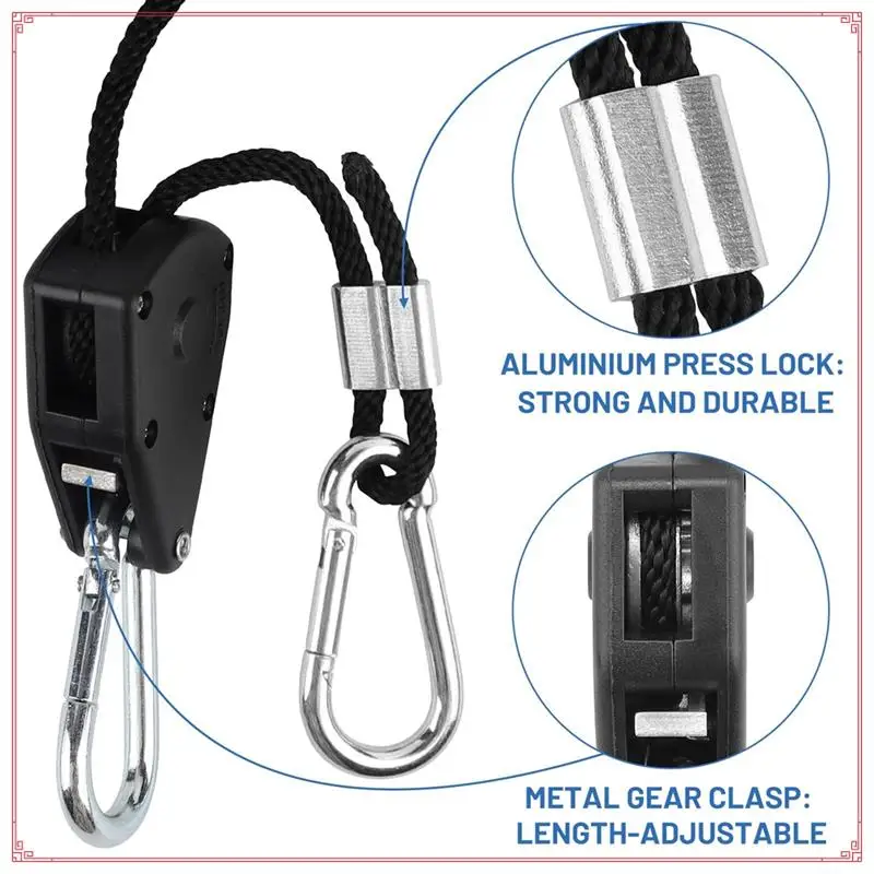 4Pcs 1/8Inch Adjustable Heavy Duty Rope Hanger - Reinforced Metal Internal Gears Ratchets Foe Growing Light Fixtures Easy To Use