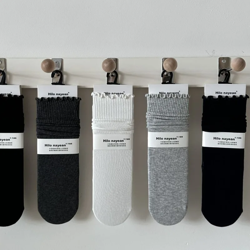 

1/5 pairs of women's autumn winter style solid color fungus edge casual mid tube socks sweat absorbing simple comfortable socks