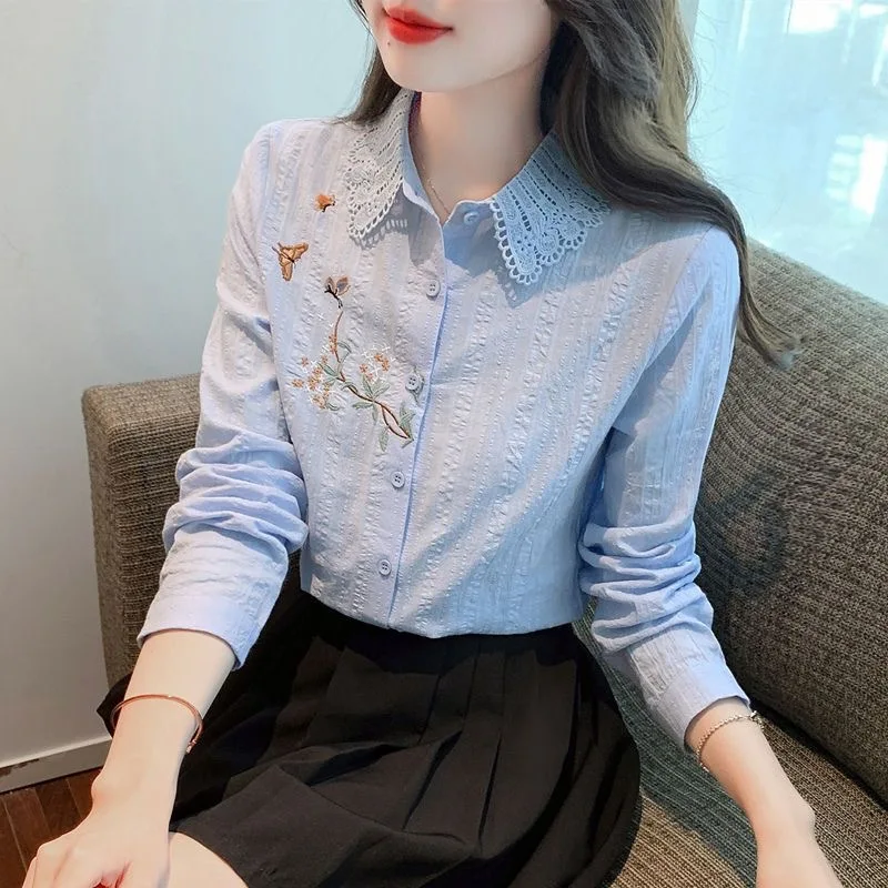 Embroidery Women Spring Autumn Blouses Shirts Lady Casual Long Sleeve Turn-down Collar Solid Color Blusas Tops DF4775