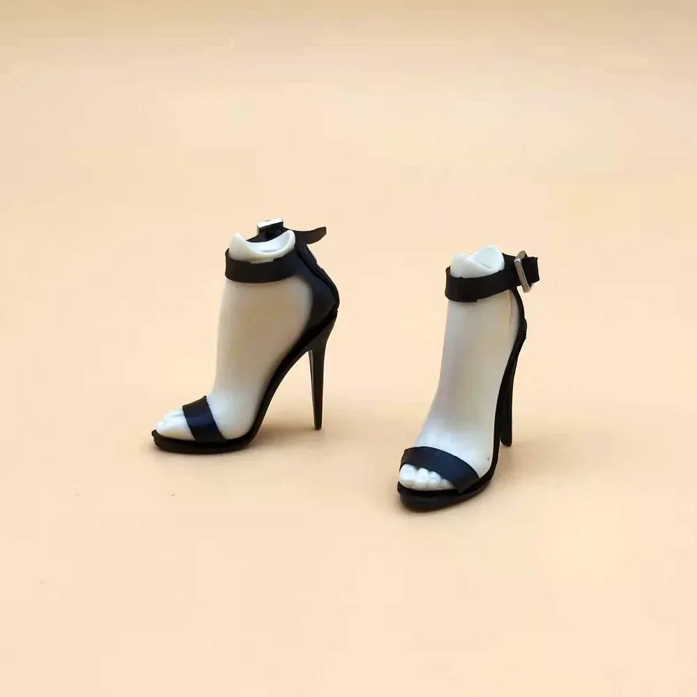 1/6 Fashion Black Sandals with Feet Model Girl High-heel Shoes for 12in Pale Color Phicen Tbl HT JIAOUL Detachable Doll Figures