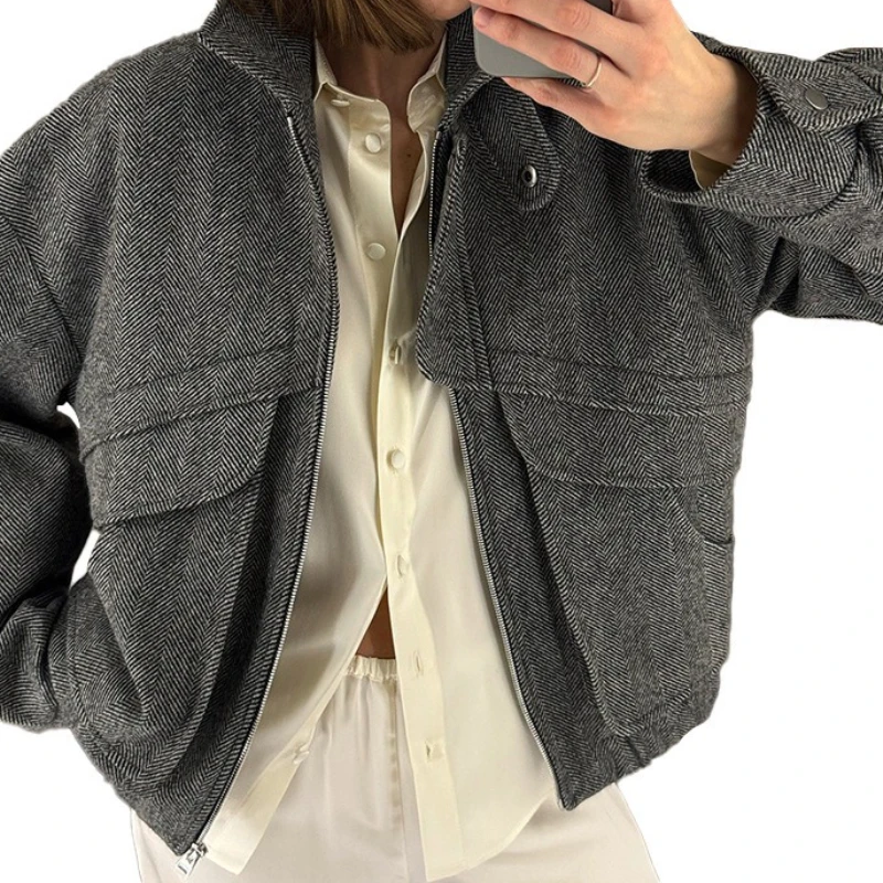 Herringbone Stand-up Collar Jacket Fall/Winter 2025 New Zippered Top with Pockets Loose Woolen Jacket