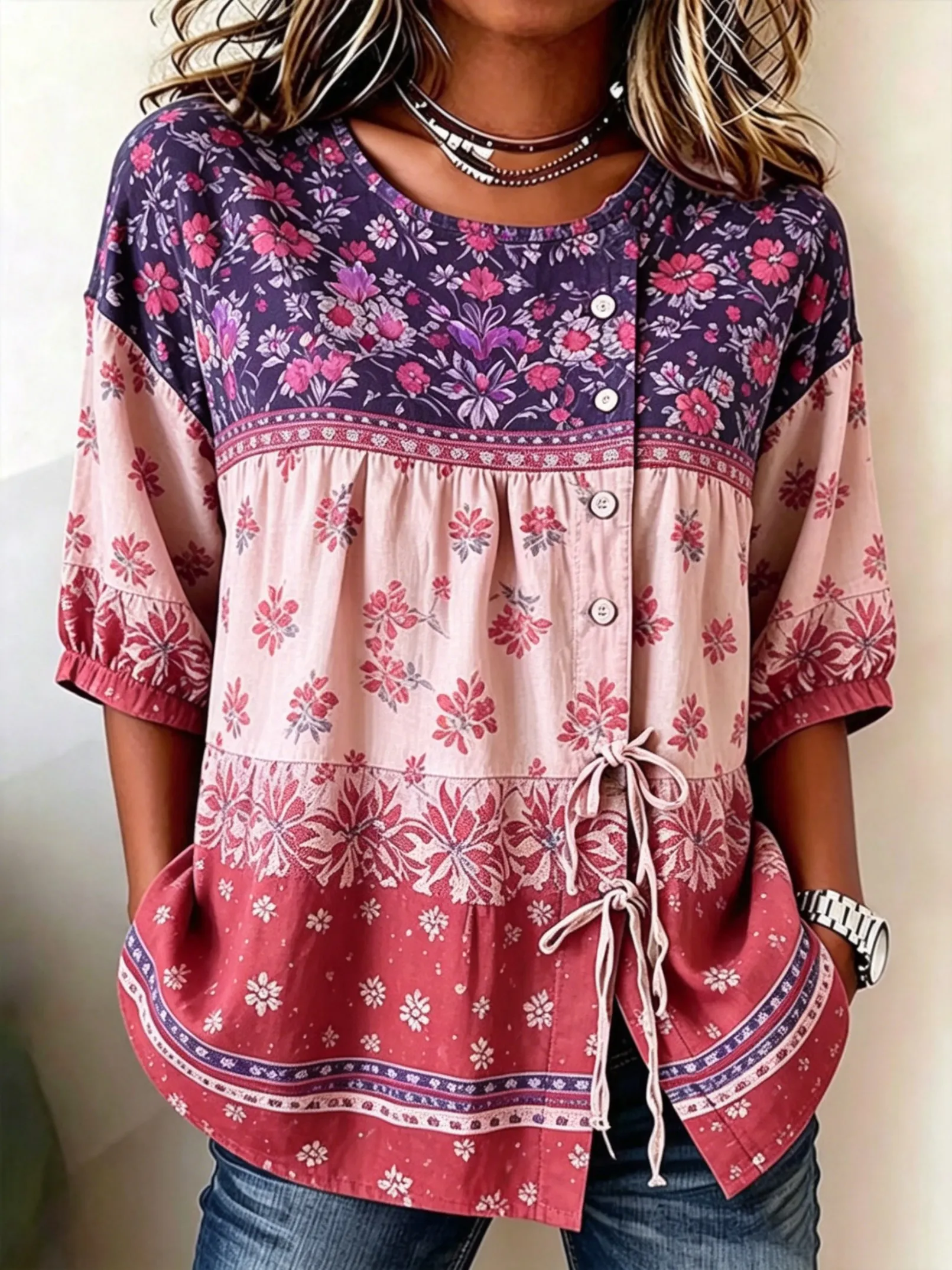 

Women's Boho Floral Colorblock Drawstring Button Up Blouse, Casual Round Neck Tops for Spring Summer Daily Vacation Wear