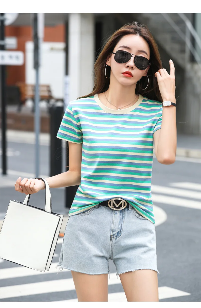 Damen Sommer T-Shirt mit Streifenmuster, kurze Ärmel, neu, schlankmachend, lockere Passform, halblange Ärmel, lässiges Basic-Oberteil – Detail 20