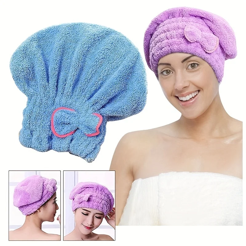 1/2/4-Pcs Cute Quick-Dry Shower Caps with Bow Decoration, Elastic Absorbent Hair Drying Bonnet, Fluffy Fast-Drying Towel for All Hair Types, Gift for Family, Friends, Girlfriend, 4-Pcs and 2-Pcs - Random Colors