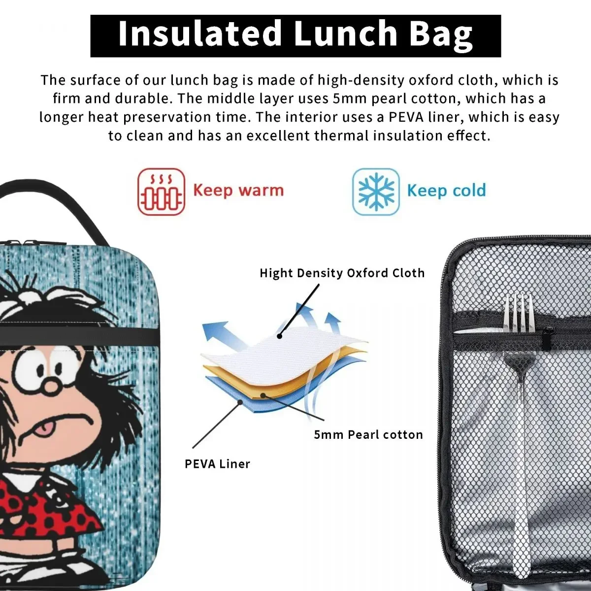 Mafalda en bolsa de almuerzo con aislamiento de choque, contenedor de comida portátil Quino Argentina, bolsa refrigeradora, fiambrera, viaje universitario, chica y niño