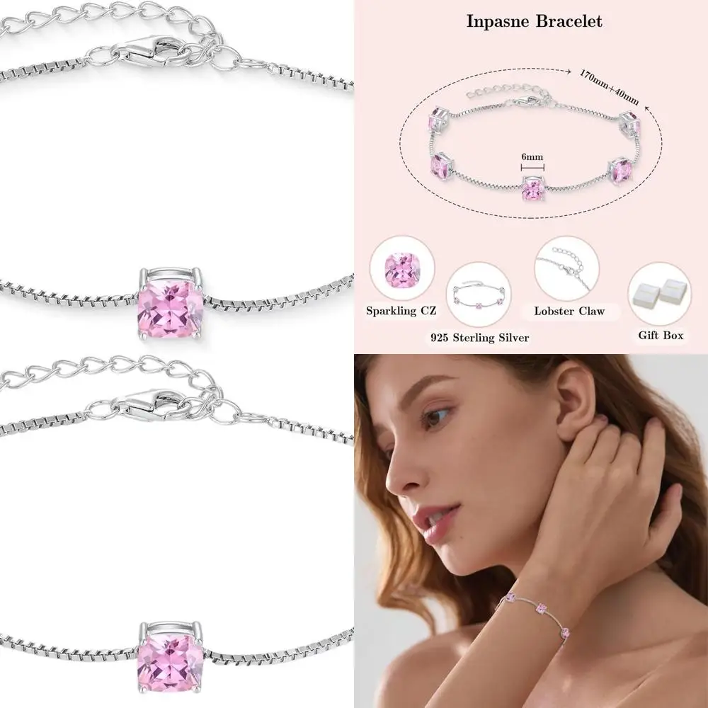 

Sterling Silver Princess Cut Birthstone Dainty Link Bracelet, 925 Silver Jewelry Gift for Women