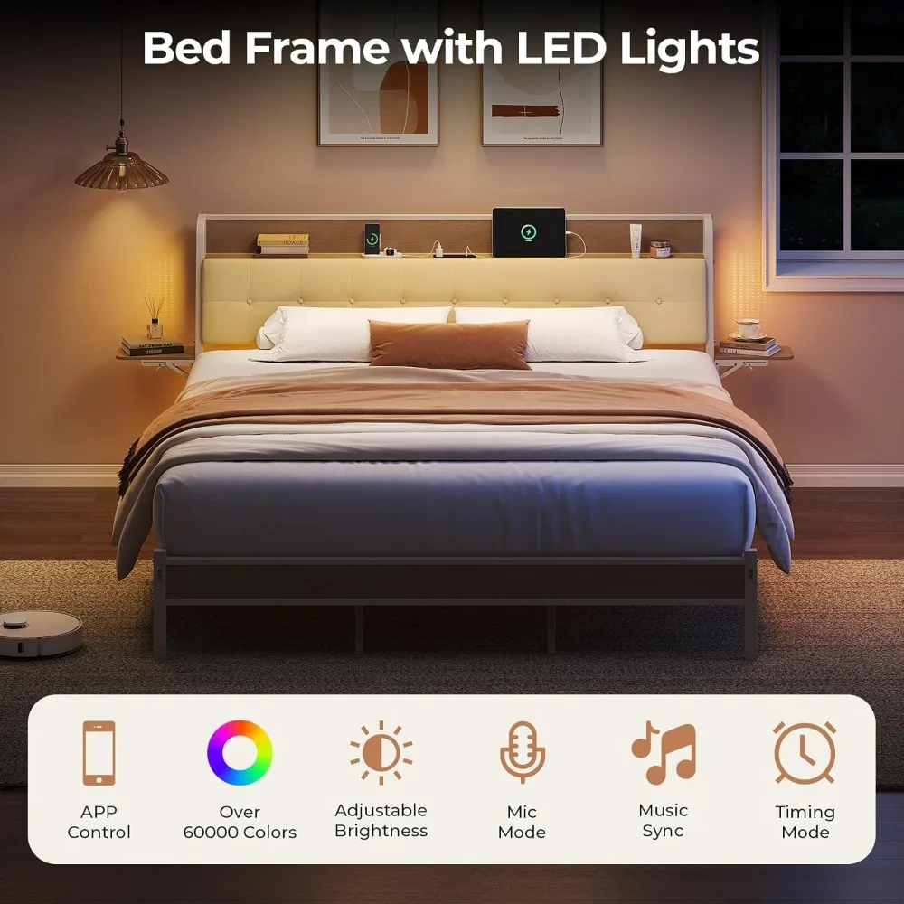 إطار سرير مزدوج مع لوح أمامي للتخزين وأضواء LED، وسرير بمنصة معدنية مع أرفف قابلة للطي ومحطة شحن، بدون زنبرك صندوقي #6