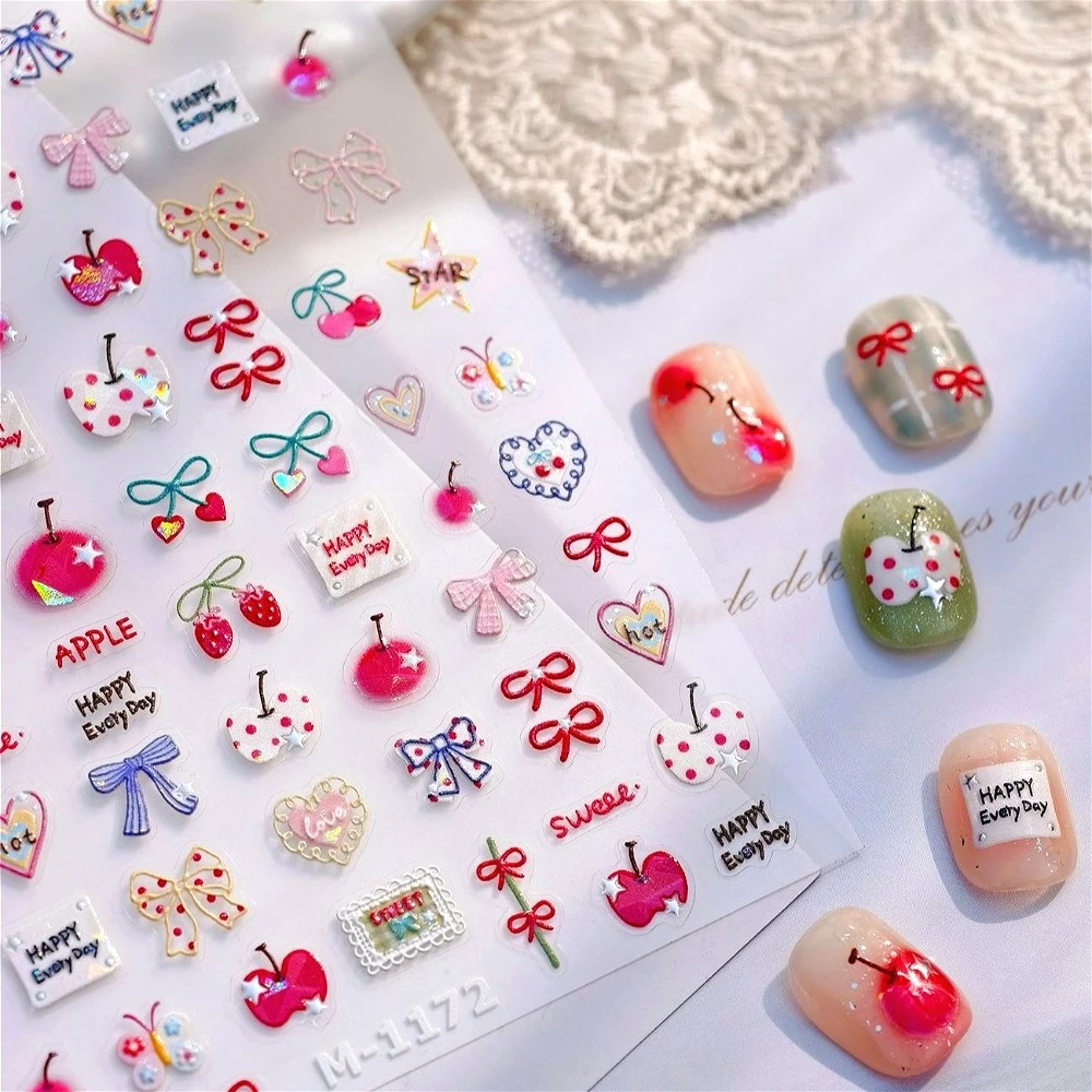 

Shiny Cartoon Graffiti Colorful Bowknot Love Butterfly Apple Cherry Self Adhesive Nail Art Stickers Cute Animals Manicure Decals