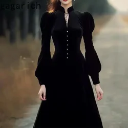 Gagarich Autumn Winter 2024 French Palace Style Temperament Waist Wrapped Western Style High Neck Black Velvet Women Dresses