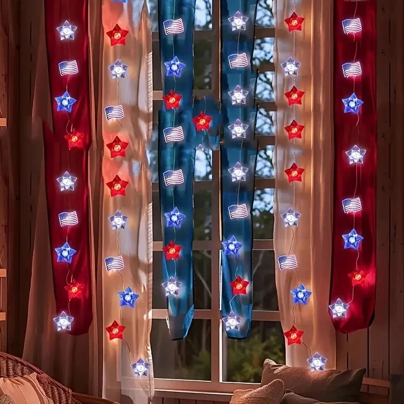 Battery Operated Patriotic Lights, American Flag and Star LED Garland for 4th of July Window Table Party Decoration