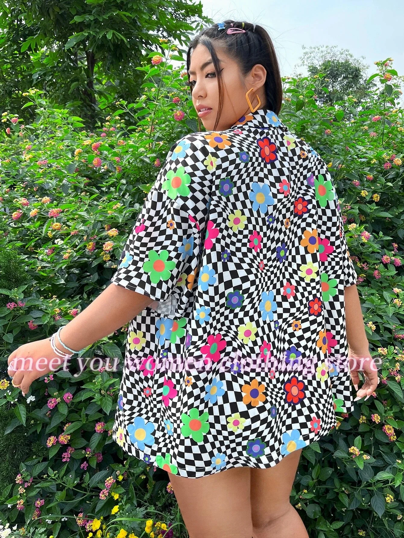 Black And White Grid Short Sleeved Shirts & Blouses Fashion Shirts Daily Hawaiian Beach Short Sleeved Shirts Loose Lady Shirts