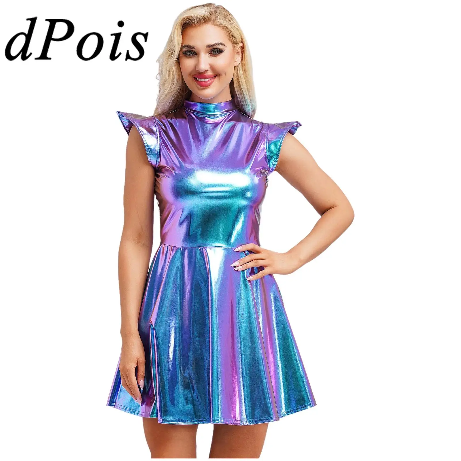 

Women Shiny Metallic Dress Alien Cosplay Costume Robtot Dress Up A-line Clubbing Cocktail Party Dress Fashion Bar Club Wear