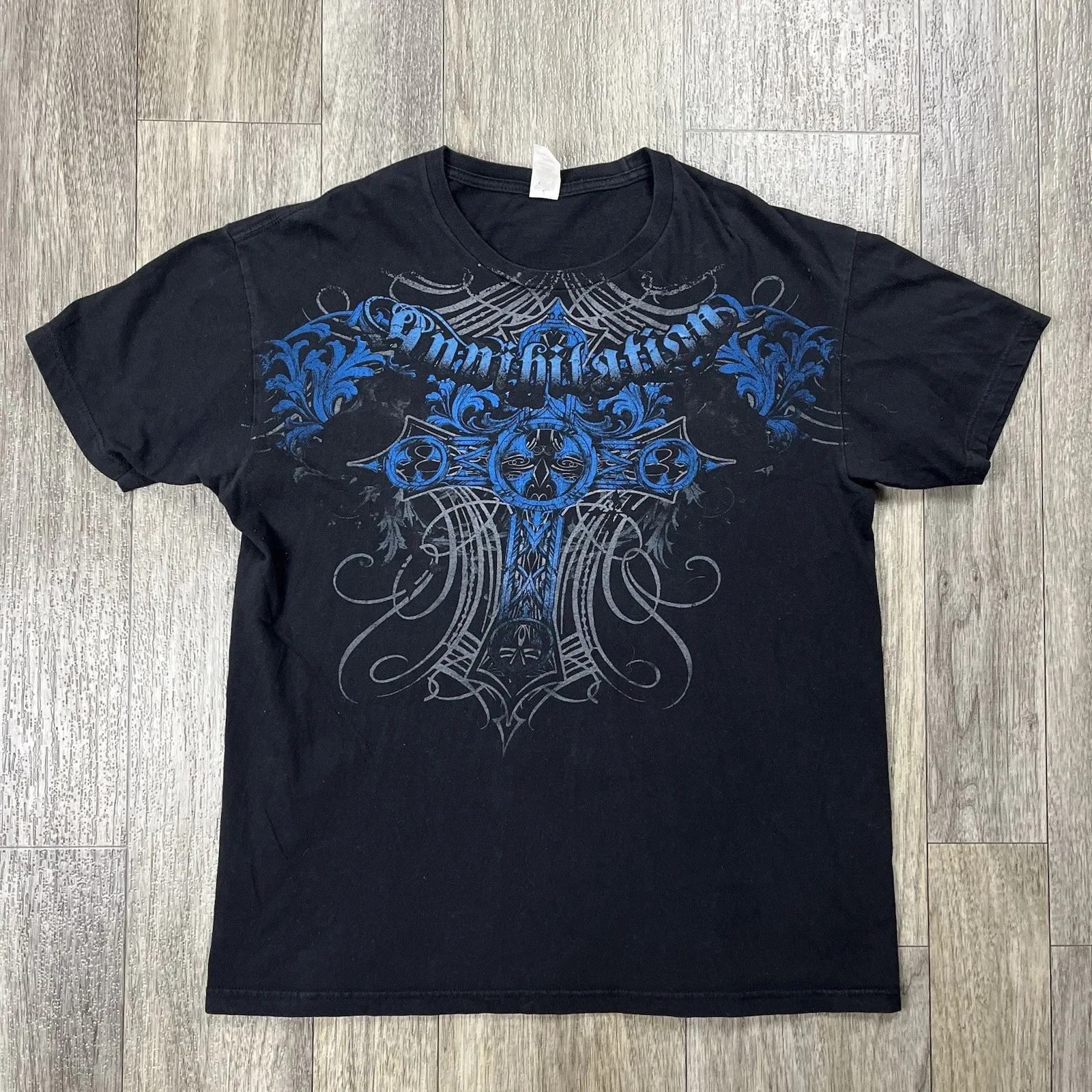 Y2K Annihilation T-Shirt Skull Cross Wings Grunge Graphic Size Large Black Emo
