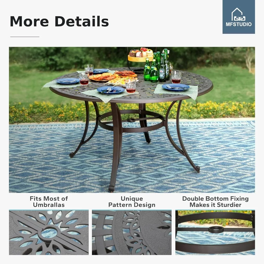 

Cast Aluminum Patio Dining Table, 54" Round Outdoor Table with 2.2’’ Umbrella Hole, Retro Pattern Metal Aluminum, Customized