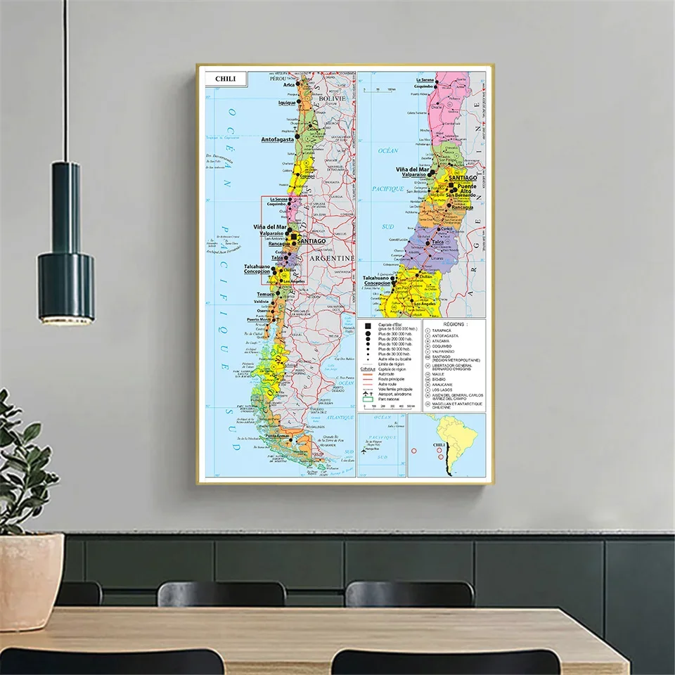 150*225 cm The Chile Political Map (In French)Large Poster Non-woven Canvas Painting Living Room Home Decoration School Supplies