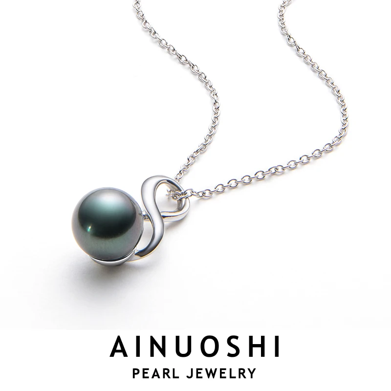 

AINUOSHI Genuine 925 Sterling Silver Women Necklace Baroque 9-9.5mm Tahitian Black Pearl Pendant Necklaces Collares Jewelry