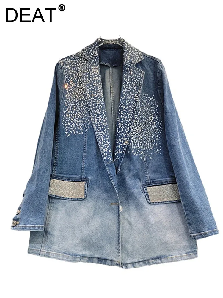 

DEAT Women's Denim Blazer Washed Gradient Blue Full Diamonds Irregular Rhinestone Suit Jacket 2024 Autumn New Fashion 29L8058