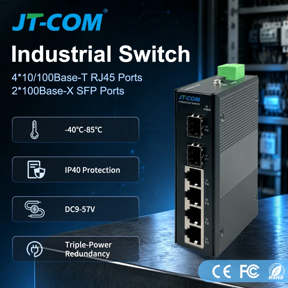 100Mbps Industrial Ethernet Switch 2 Port SFP Fiber 4 Port RJ45 DIN Rail Network Switch for CCTV IP Camera PLC Factory SC 25KM
