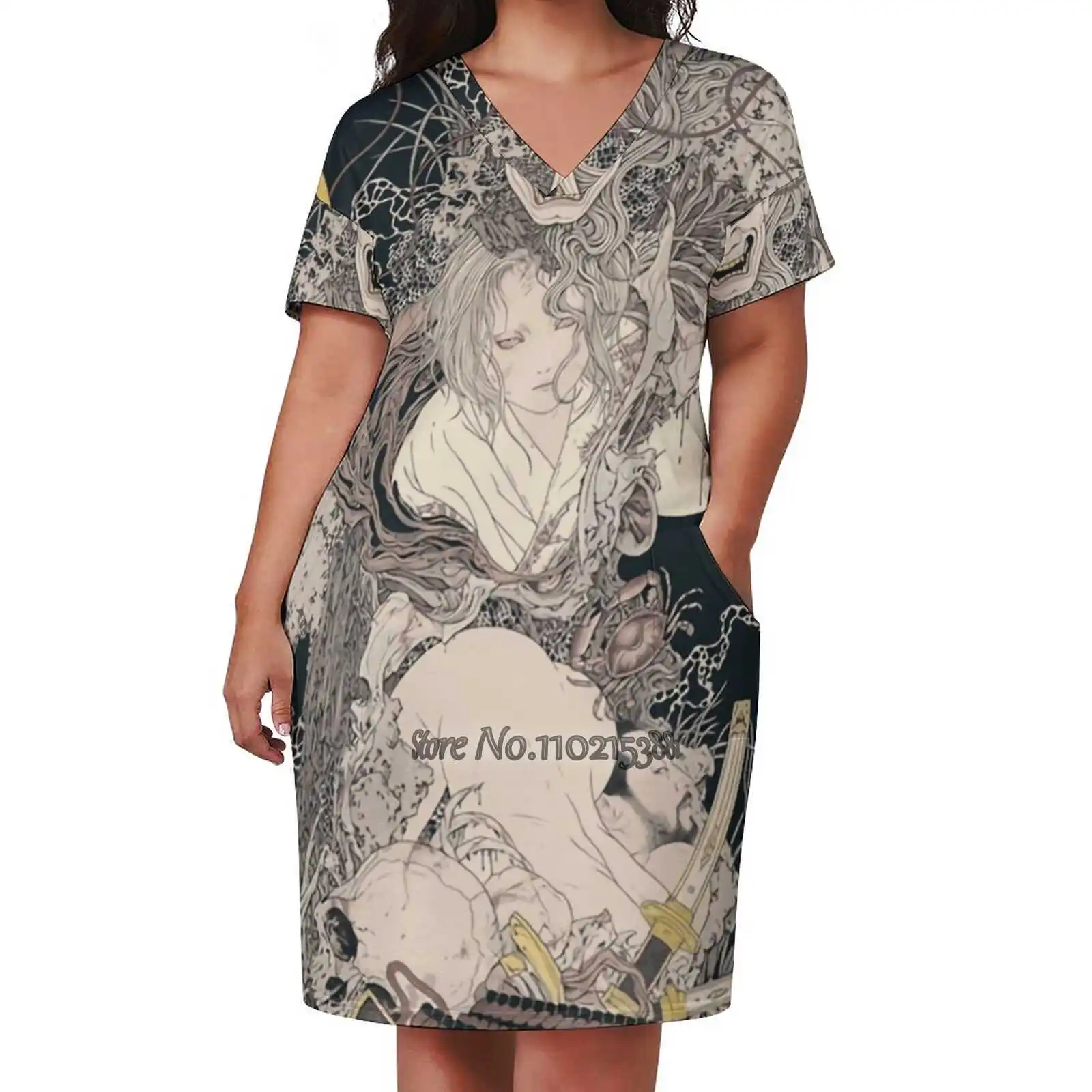 Takato Yamamoto - Japonesthetique Loose V-Neck Short Sleeve Skirt Elegant High Quality Dress Lightweight Fabric Skirt Horror