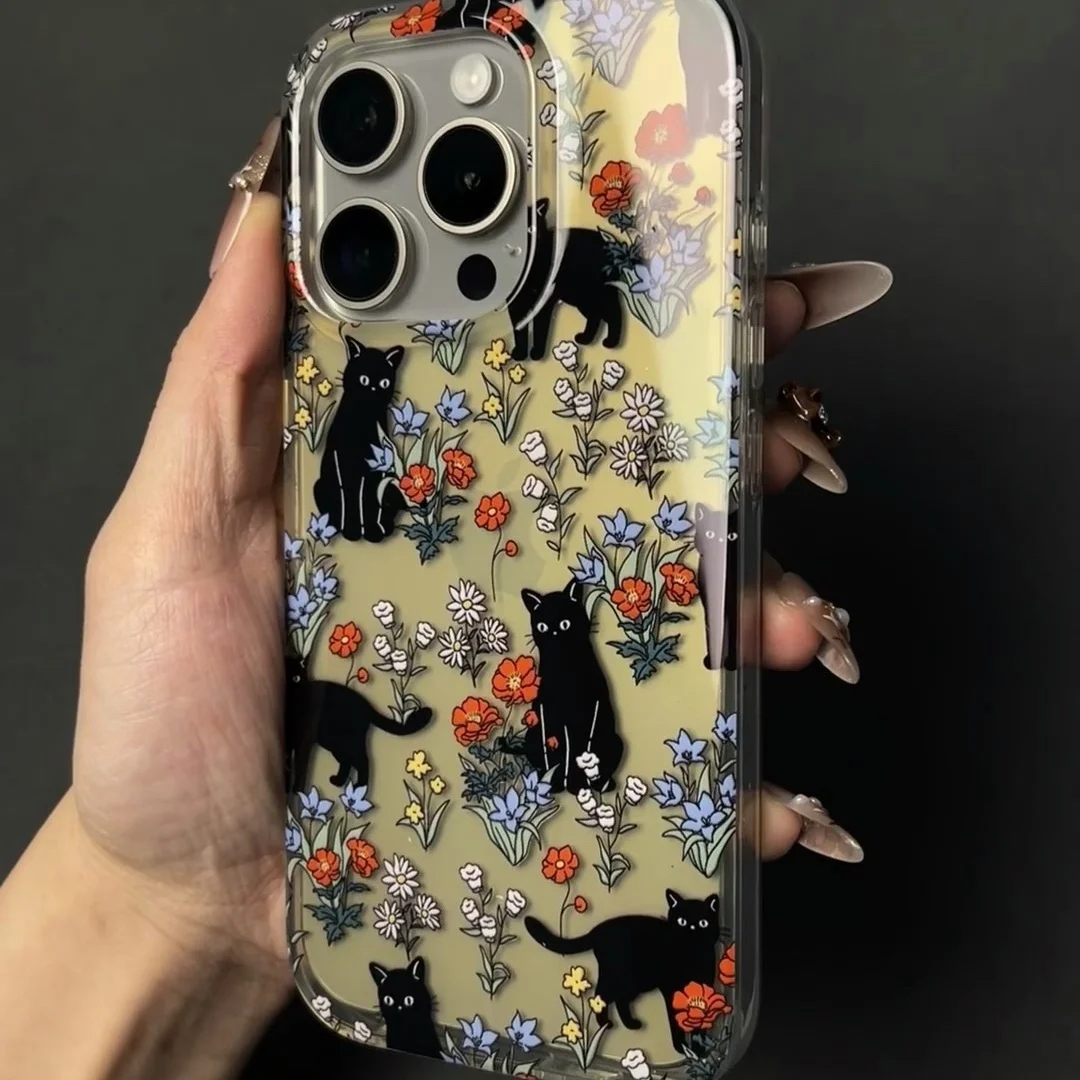 

Flower Blossom Black Cat Illustration Phone Case Suitable for iPhone 16 Creative Fashion iPhone 15 Anti Drop Protective Cover