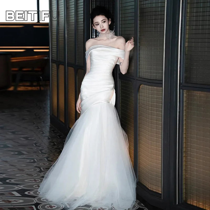 BeitifuBaby-Vestidos de novia sin tirantes para mujer, falda de encaje de sirena Vintage sin mangas adelgazante, vestido de novia para mujer 2025