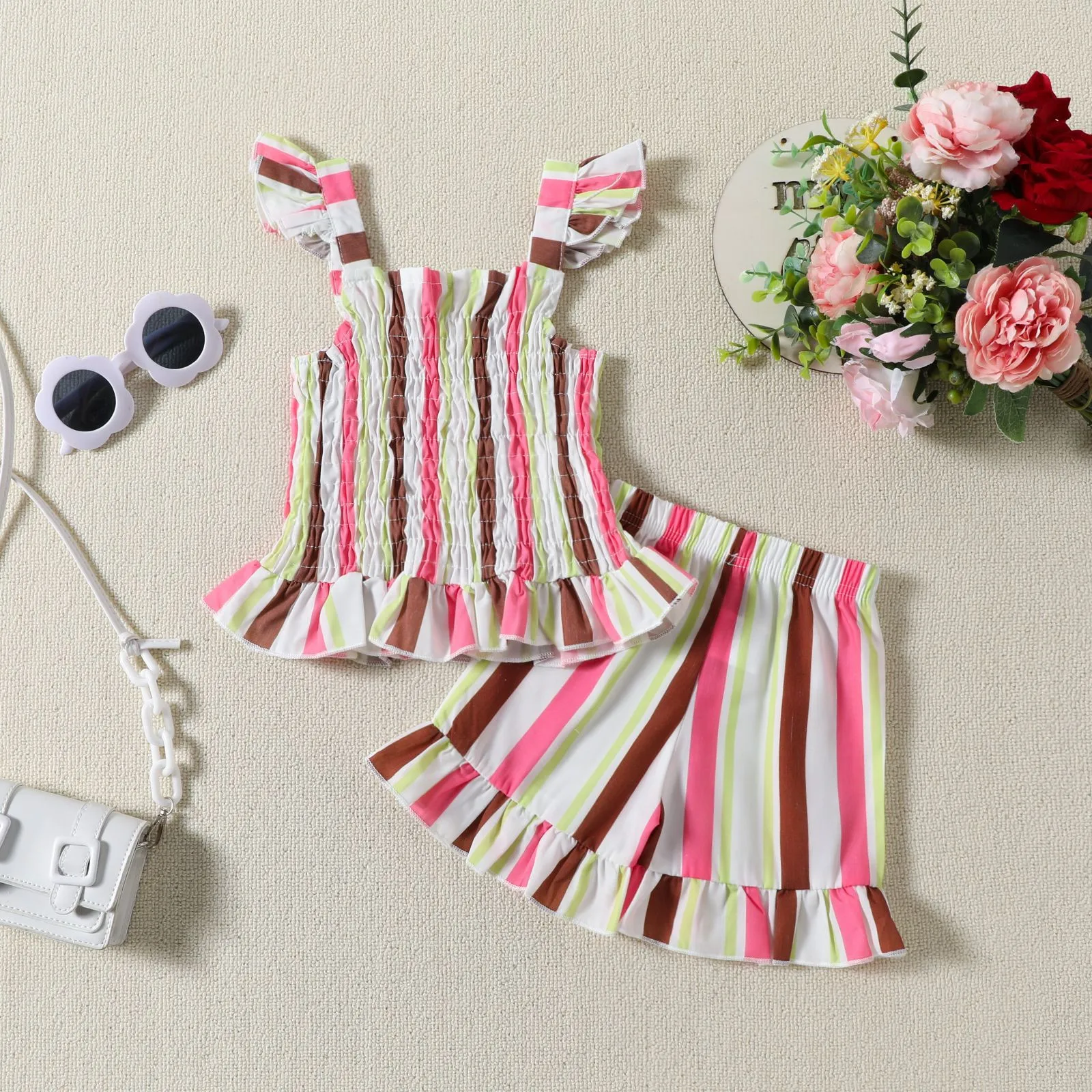 2025 Summer New Baby Girls Clothes Sets Colorful Stripe Sleeveless Flying Sleeve Vest Top+Shorts Set Summer Style BeachWear 0-4T