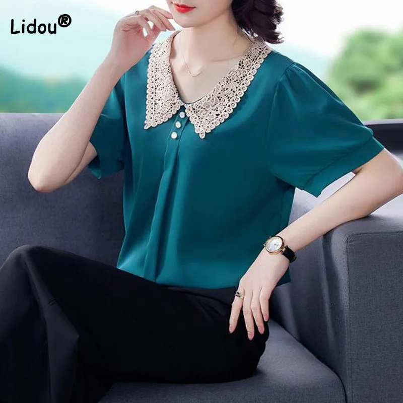 

Office Lady Lace Spliced Turn-down Collar Chiffon T-shirt Women's Clothing Summer Fashion Loose Short Sleeve All-match Tops