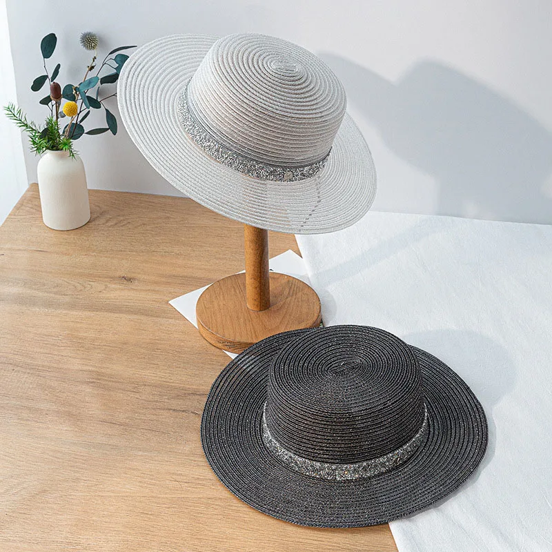 MAXSITI U  flat brim summer travel sunscreen Sun Hat Women versatile silver straw hat flat top hat bright silk Hepburn Beach Hat